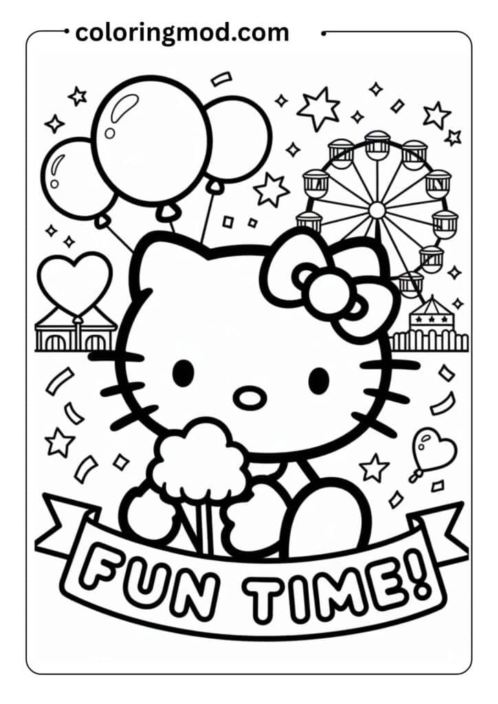Hello Kitty at a fun carnival with balloons, cotton candy, and a Ferris wheel in the background, cute happy expression, black and white line art, detailed but clean drawing for coloring sheet
