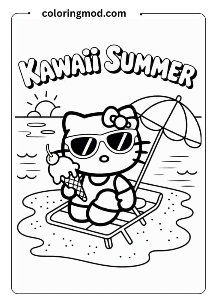 Hello Kitty at the beach with sunglasses and ice cream, kawaii summer theme, outlined drawing for printable page
