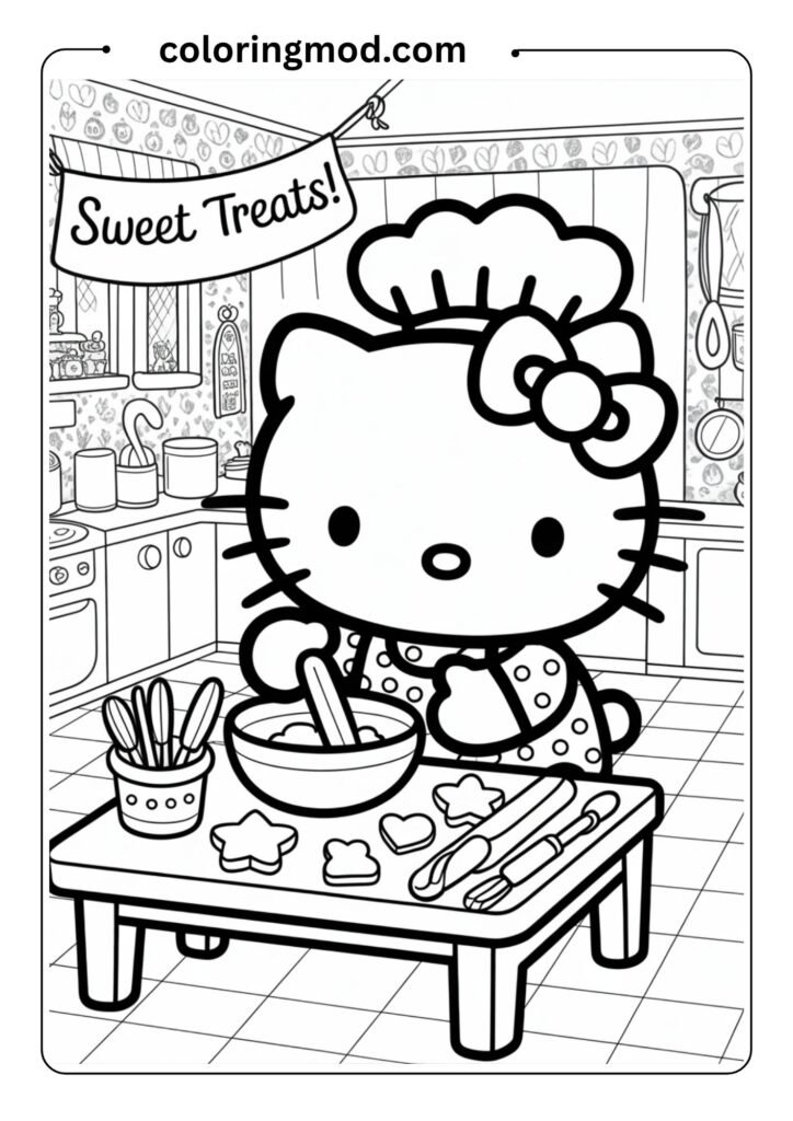 Hello Kitty baking cookies in a small cozy kitchen, wearing an apron and chef hat, mixing bowl in hand, cute utensils and cookie shapes on the table, black and white coloring page, kawaii line drawing