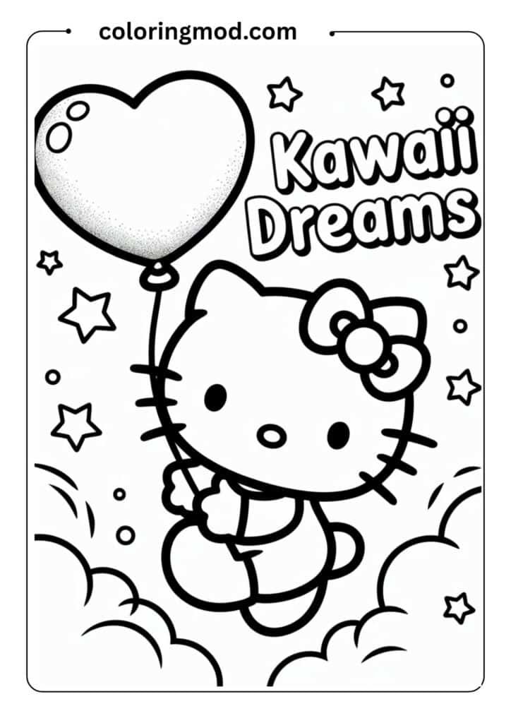 Hello Kitty holding a heart-shaped balloon, smiling, outlined drawing, kawaii style for kids' coloring page