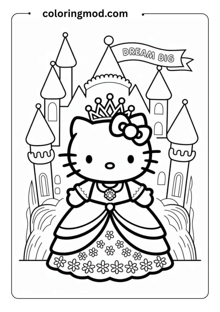 Hello Kitty in a princess dress with a tiara, castle in the background, simple outline, for fairy tale coloring page