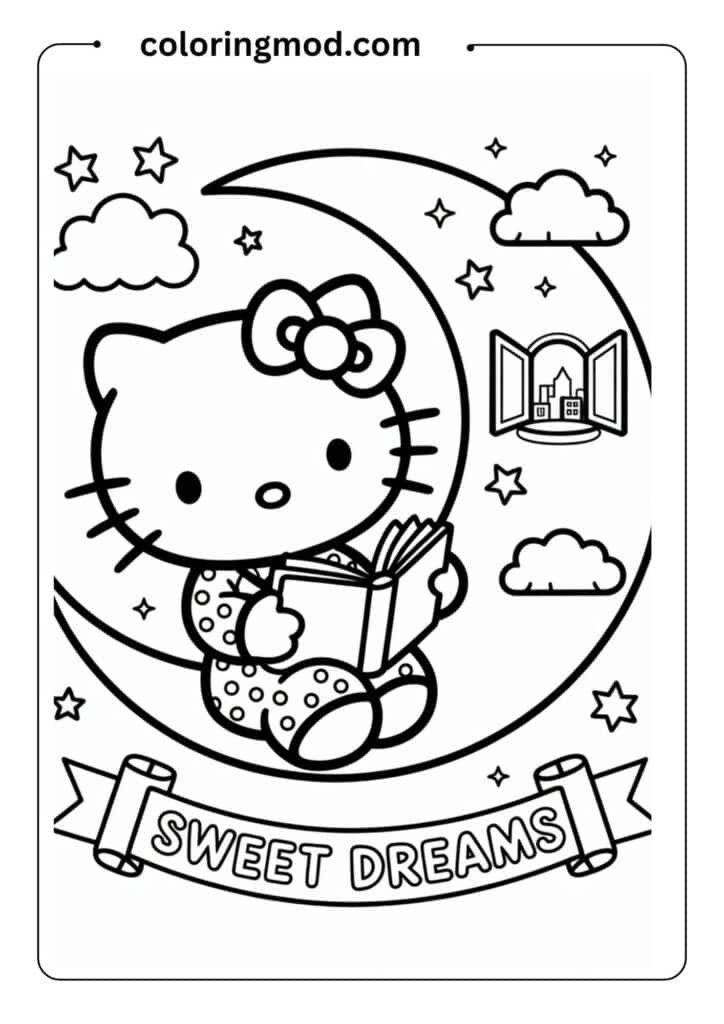 Hello Kitty in pajamas reading a book, sitting on the moon, kawaii bedtime coloring page design