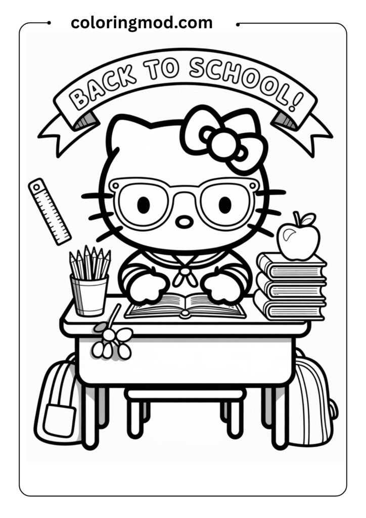 Hello Kitty sitting at a school desk with books and pencils, wearing glasses and a school