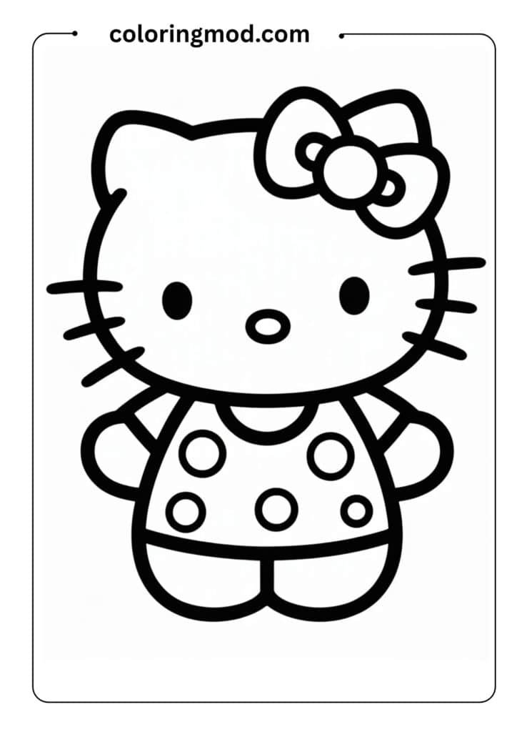 Hello Kitty standing in her classic pose, wearing a bow on her left ear, simple dress, clean black and white line art, kawaii cartoon style,