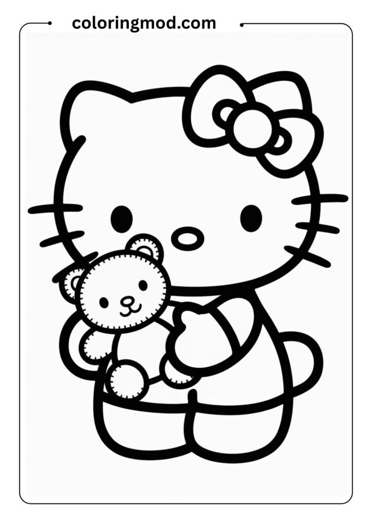 Hello Kitty standing with a big bow on her head, holding a small teddy bear, outlined in black and white, clean line art, no background, kawaii cartoon style, suitable for kids coloring page
