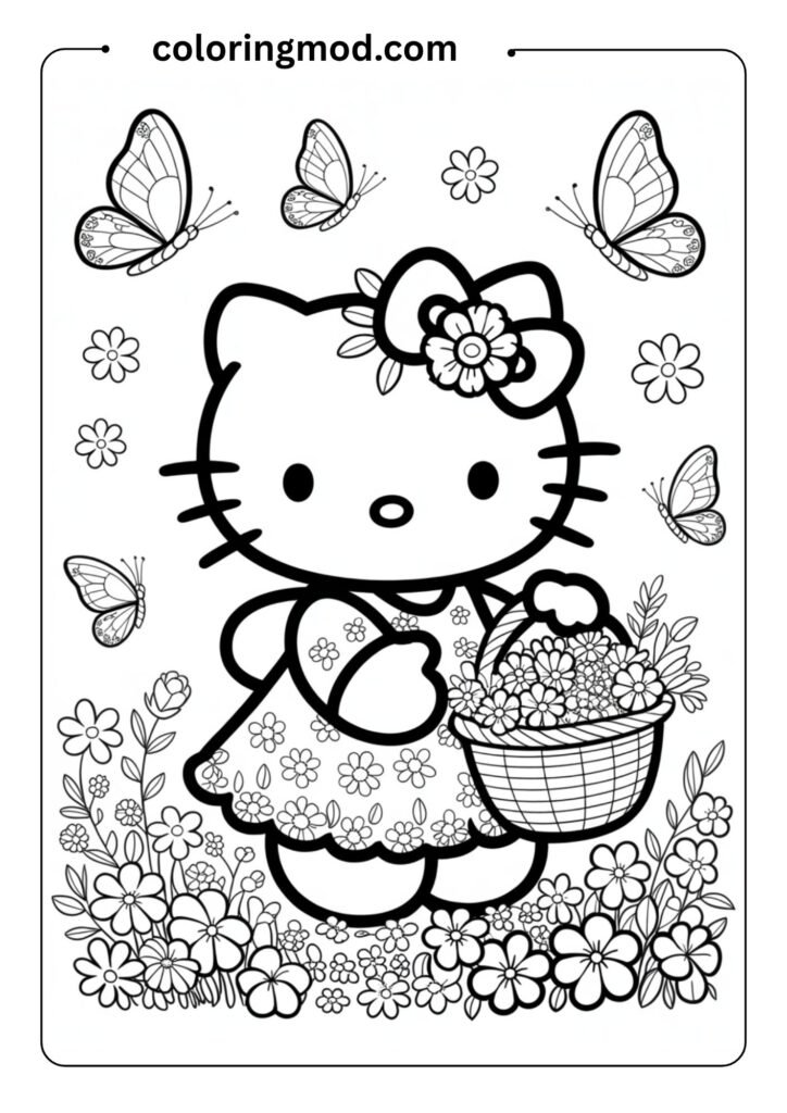 Hello Kitty wearing a cute spring dress and flower crown, holding a basket of flowers,