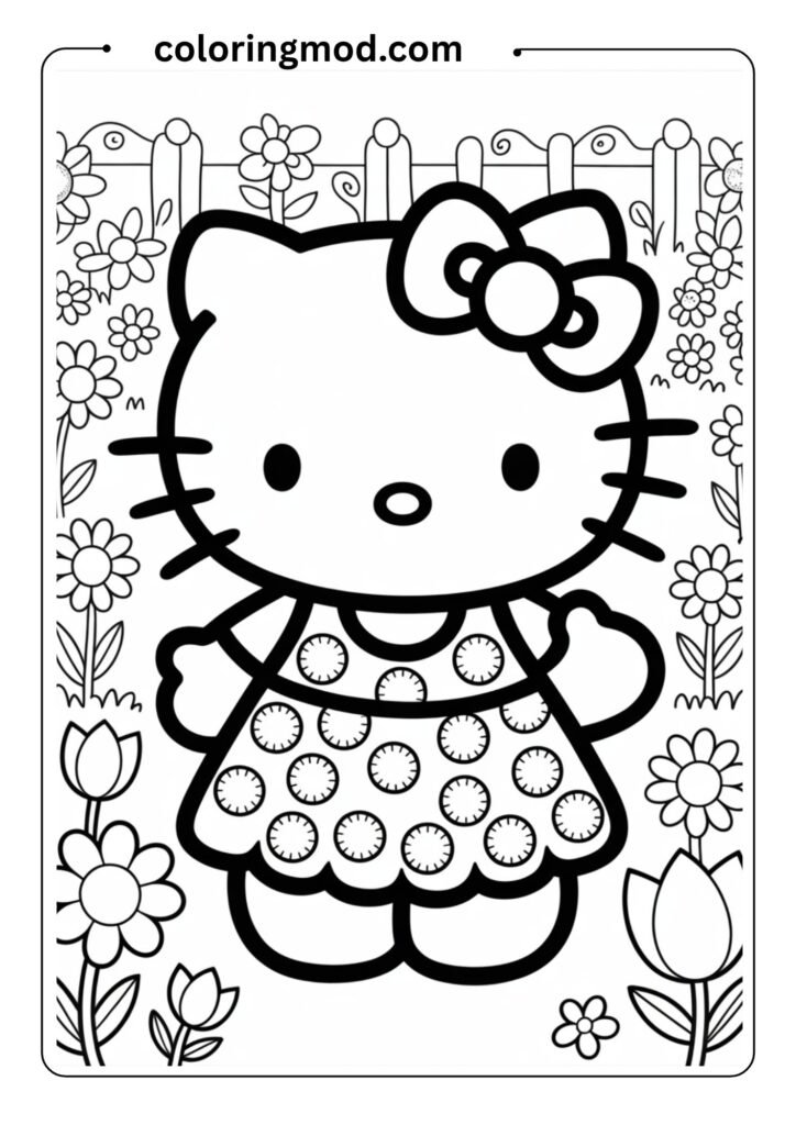 Hello Kitty wearing a dress with polka dots, full body, standing in a flower garden, clean coloring page design