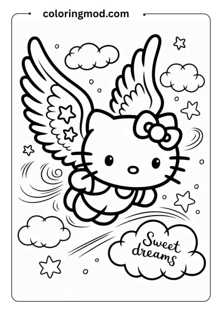 Hello Kitty with angel wings, flying in the sky with clouds and stars, kawaii cartoon style, for printable coloring page