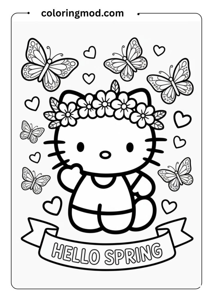 Springtime Hello Kitty in a flower crown, butterflies flying around, cute pose, coloring sheet outline